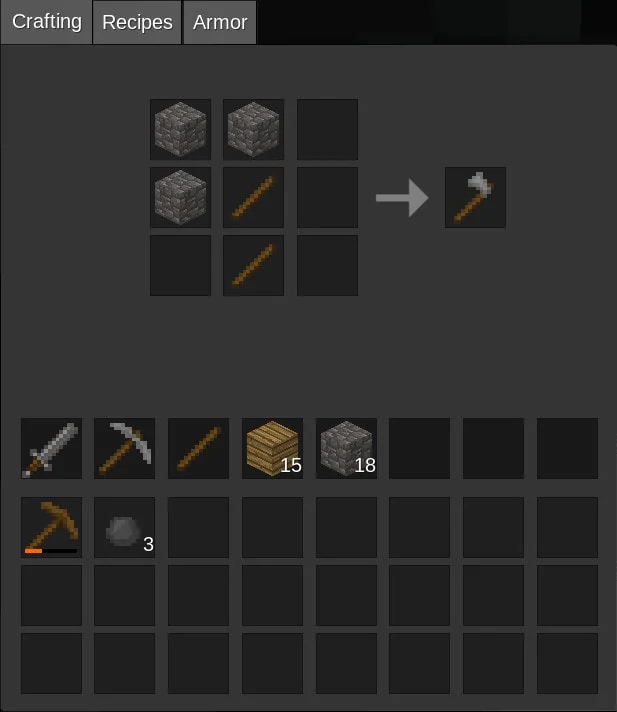 Crafting recipe for a stone axe