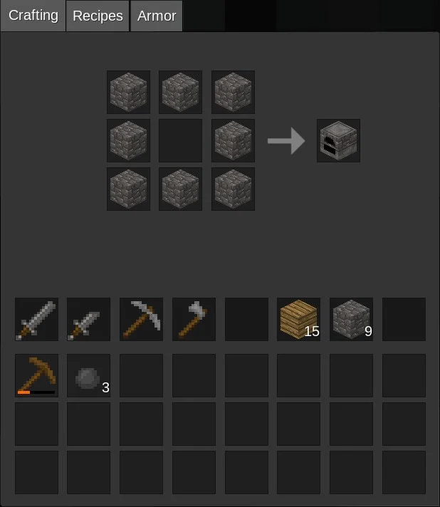 Crafting recipe for a furnace, where items can be smelted or cooked