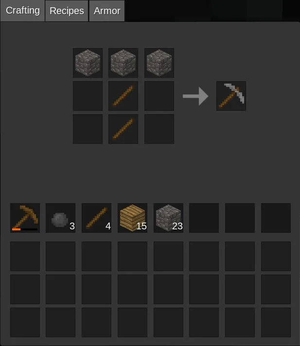 Crafting recipe for a stone pickaxe