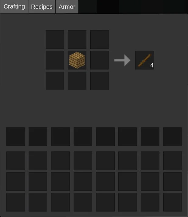 Crafting recipe for sticks