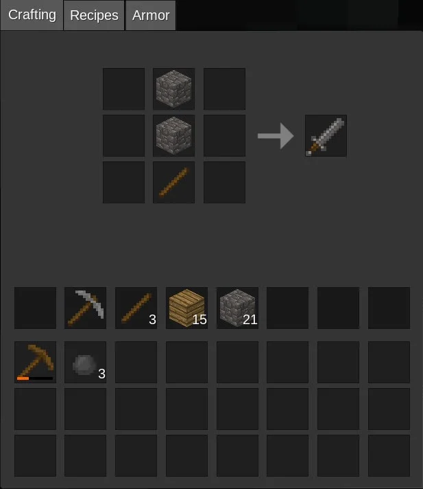Crafting recipe for a stone sword